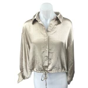 NEW Drew Pink Gold Satin Long Sleeve Collar Button Up Crop Shirt Blouse Top XS